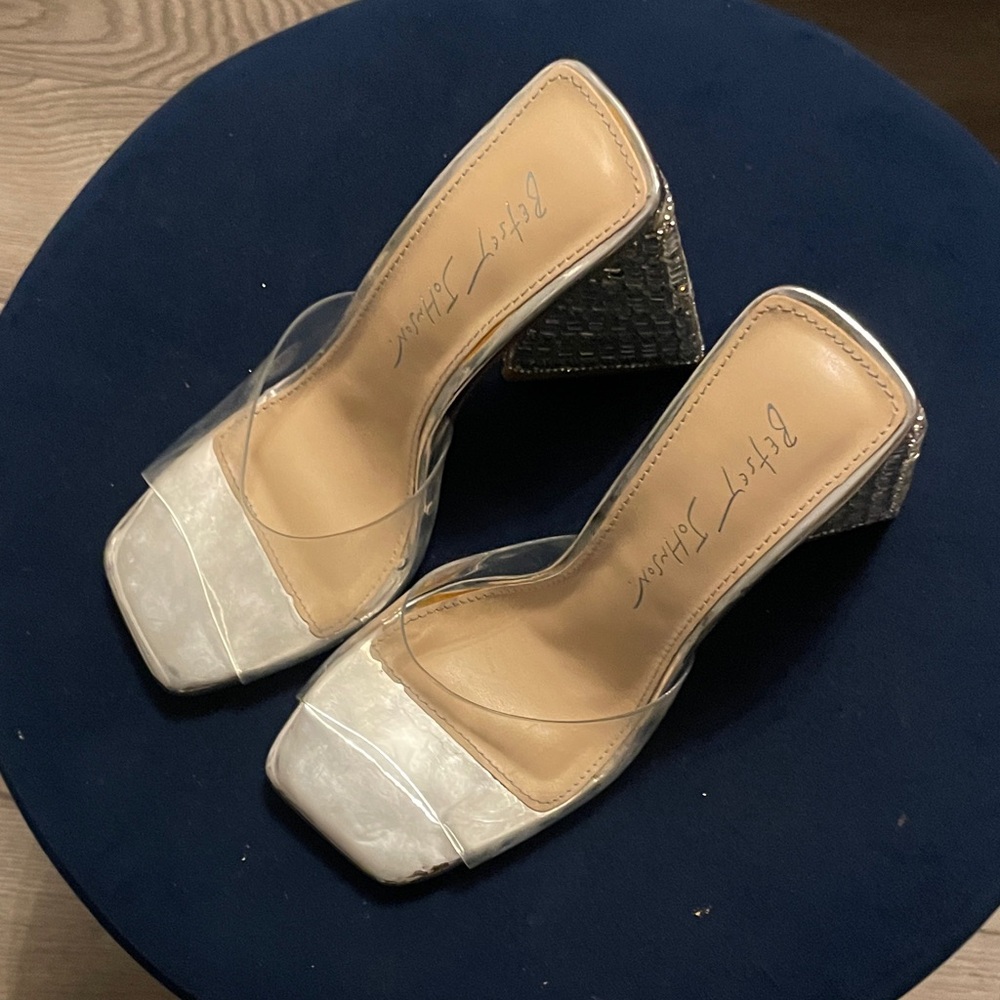Betsey Johnson Clear Strap Silver Metallic Block Heel Mules - Size 5.5 & 6.5